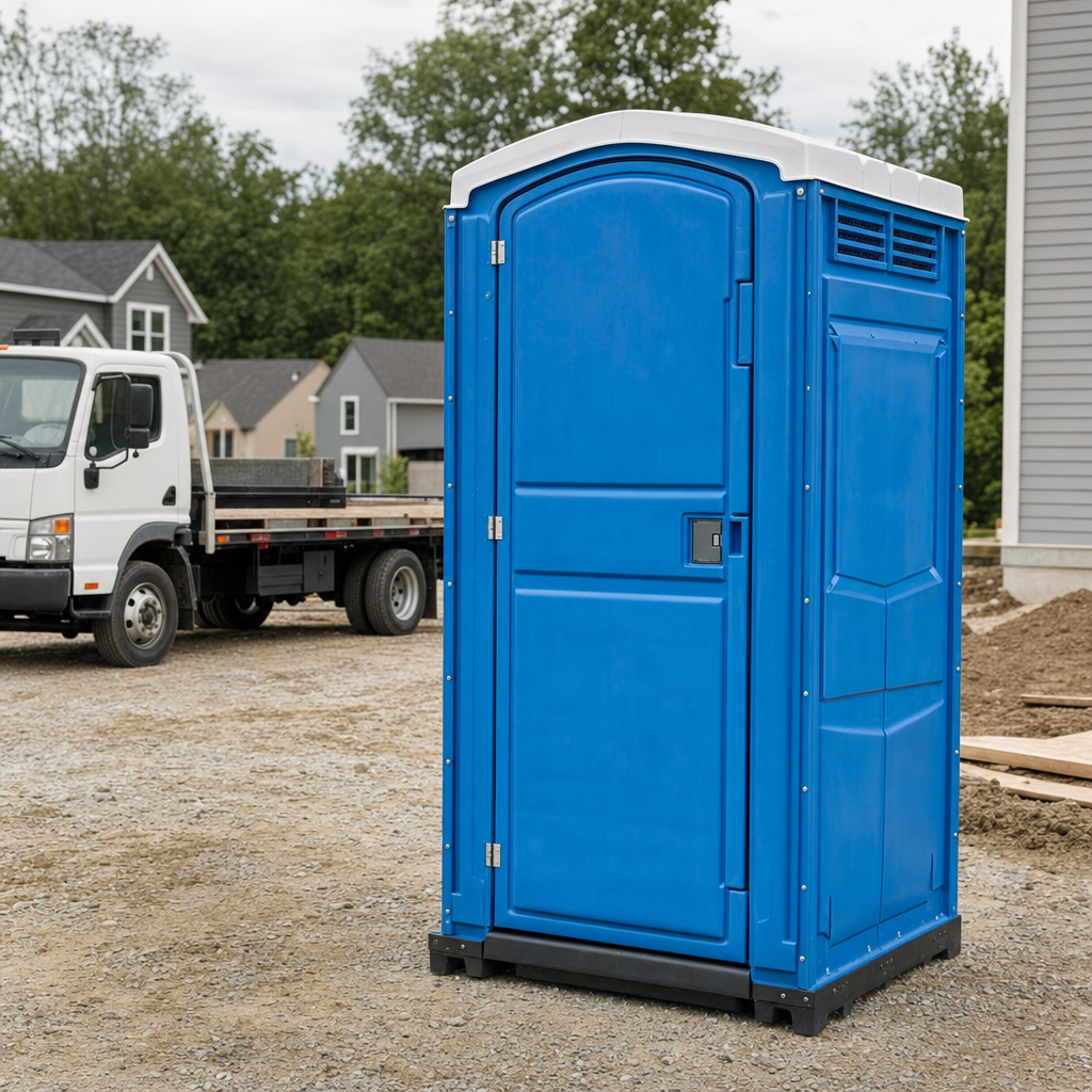 Delivery driver positioning a clean royal-blue portable toilet on level ground at a Ozone Park worksite