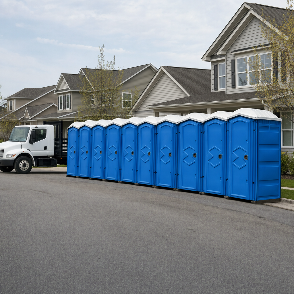 Royal blue portable toilets staged in a tidy row at a Ozone Park jobsite, ready for delivery